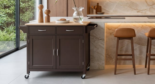 A black kitchen cart in the dining room