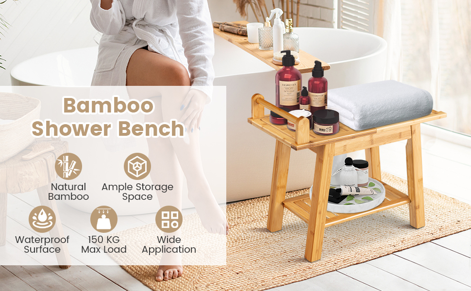 Bamboo Shower Bench with Storage Shelf
