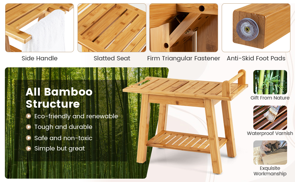 Bamboo Shower Bench with Storage Shelf