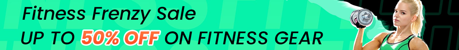 Fitness sale banner with text promoting up to 50% off fitness gear.